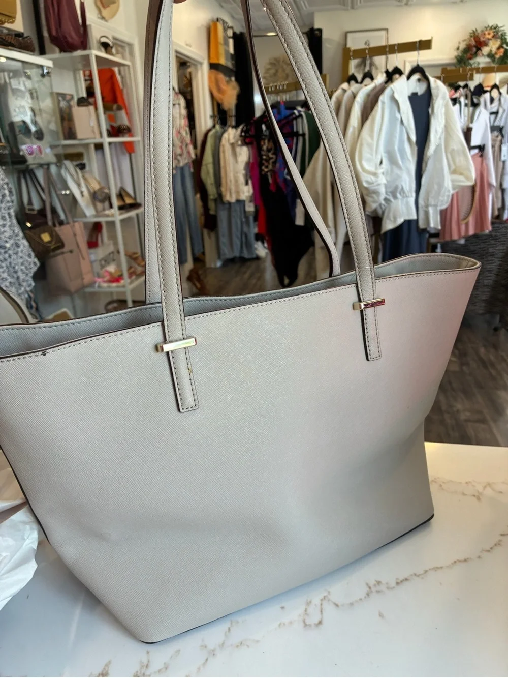 kate spade Taupe/light gray Saffiano Tote with Gold Logo